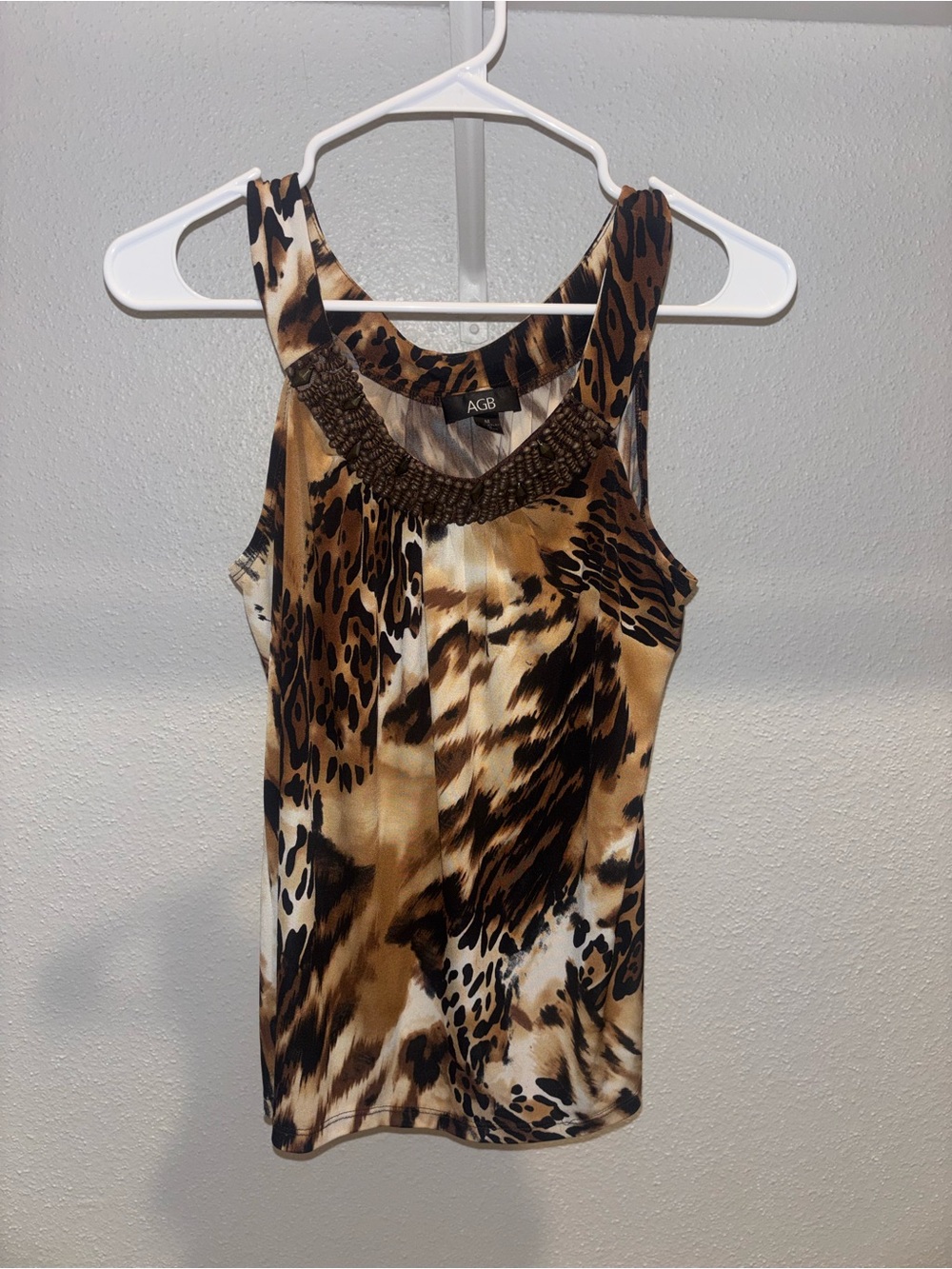 AGB Leopard Print Beaded Neck Tank Top - Brown Black Cream